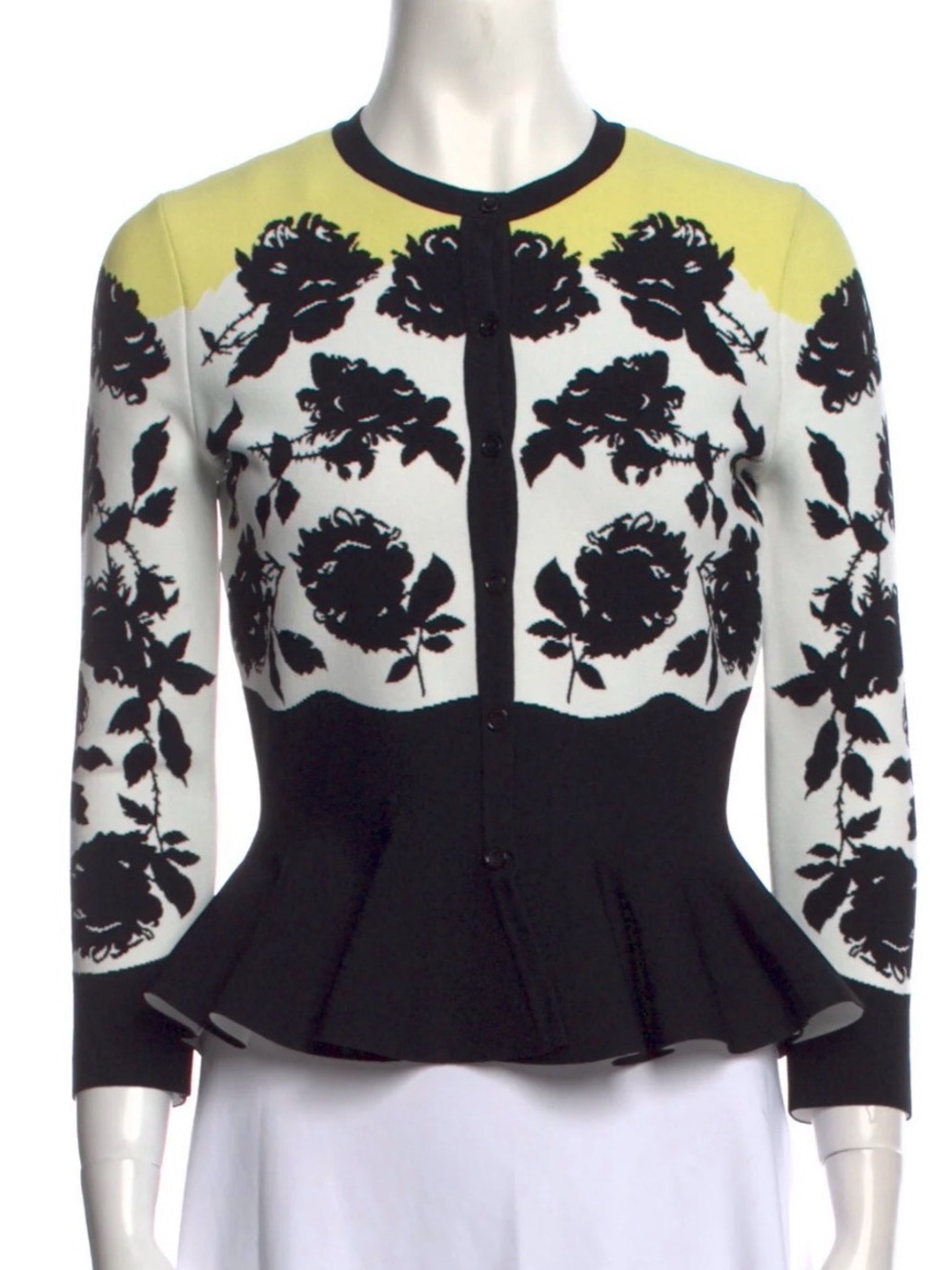 Alexander McQueen Black, White & Yellow Floral Peplum Cardigan
